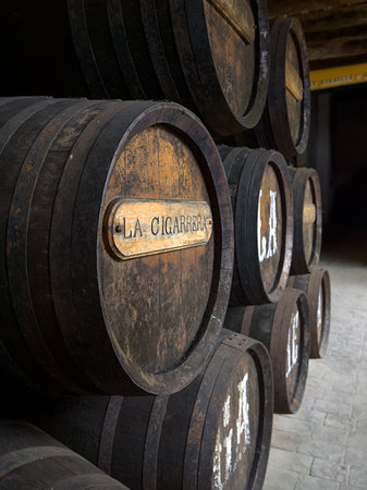 SANLUCAR OF BARRAMEDA, SPAIN - APRIL 12, 2015 - Cigarette Wine cellar. Covered by the Designation of Origin Jerez-Xeres-Sherry and Manzanilla of Sanlucar de Barrameda, The Cigarette is a wine cellar of aging and shipment Where the traditional rules employのeditorial素材