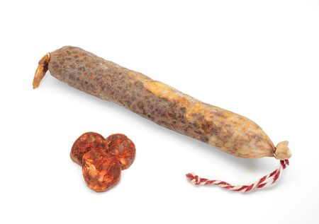 Spanish sausage on white. Lean pork, paprika, salt, garlic and oreganoの写真素材