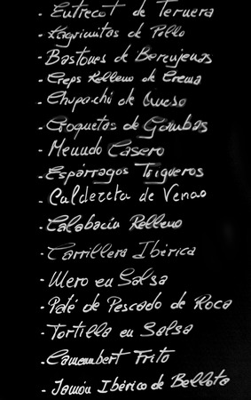 Poster of the menu in a typical Spanish restaurant, Sevilla, Andalusia, Spainの写真素材
