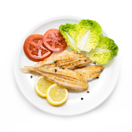 Grilled vegetables and wedge sole. Spanish sole fishの写真素材