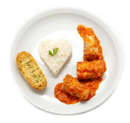 Mackerel in tomato sauce with riceの写真素材