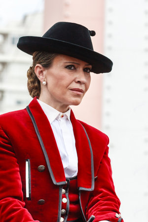 Seville, Spain - April 29, 2015: Amazon wearing traditional Andalusian uniforms at the April's Fair of Seville. The Seville Fair "Feria de abril de Sevilla" is one of most important celebration of the city, it begins one or two week after easter Holy Weekのeditorial素材