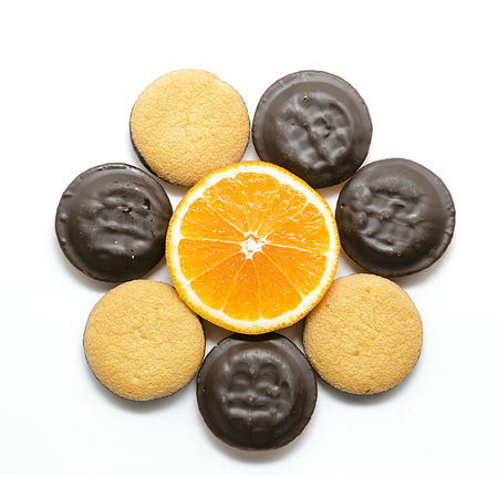 Delicious Jaffa Cakes. Cookies covered with dark chocolate and filled with orange marmalade.の写真素材