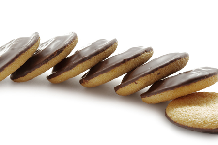 Delicious Jaffa Cakes. Cookies covered with dark chocolate and filled with orange marmalade.の写真素材