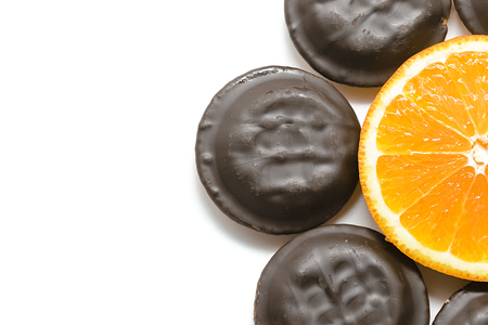 Delicious Jaffa Cakes. Cookies covered with dark chocolate and filled with orange marmalade.の写真素材