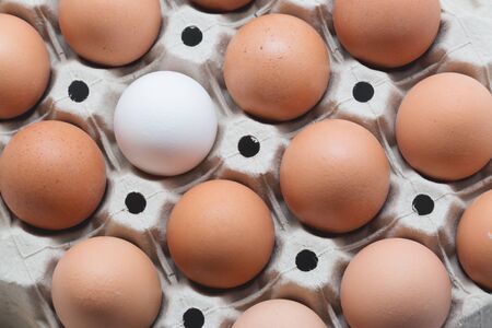 Be different. One white egg surrounded by brown eggs in a box. Top viewの写真素材