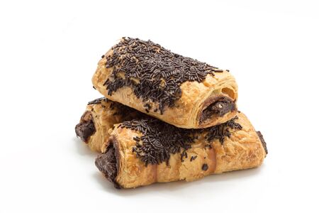Sweet Chocolate croissants (pain au chocolat) isolated on white backgroundの写真素材