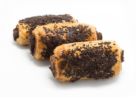 French bakery. Chocolate croissants isolated on white backgroundの写真素材