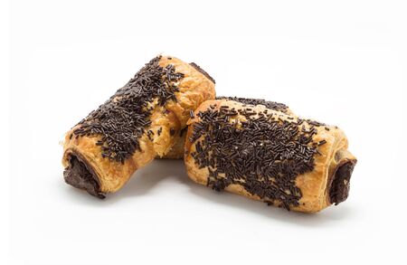 Chocolate croissants (pain au chocolat) isolated on white backgroundの写真素材
