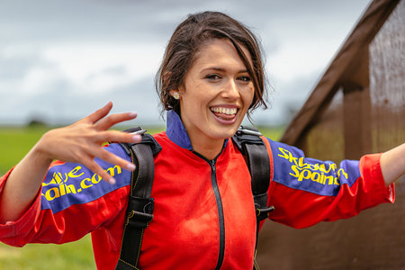 Seville, Spain - May 7, 2016: Portrait of Female Skydiver, Beginner's Nerves after first skydiving...