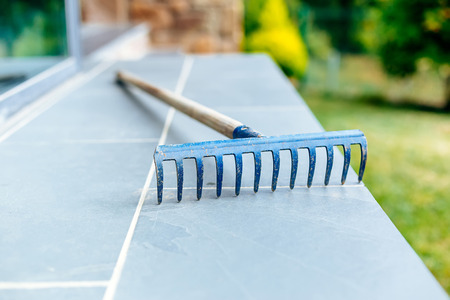 Close up of Garden rake. Selective focusの写真素材