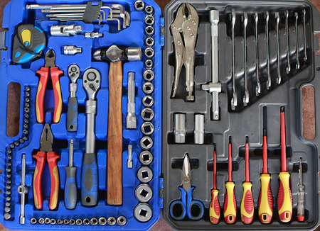 Open toolbox with different instruments. Set tools in a boxの写真素材