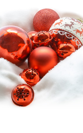 Red Christmas balls. Winter concept. Merry christmas card. Space for textの写真素材