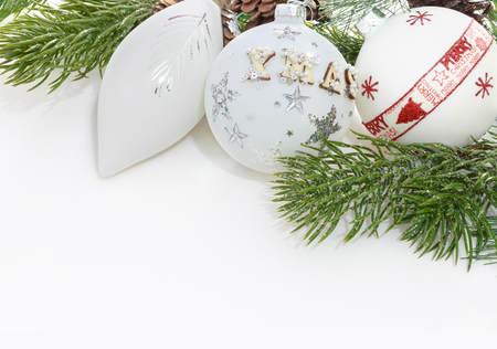 Christmas balls on white background with space for text.の写真素材