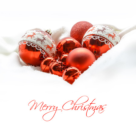Red Christmas balls. Winter concept. Merry christmas card. Space for textの写真素材