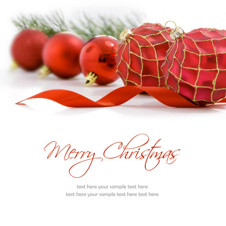 Red Christmas balls on white background. Merry christmas cardの写真素材