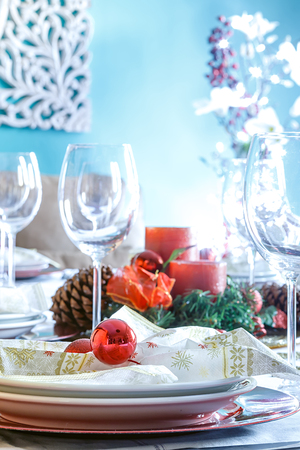 Christmas Table Setting. Holiday Decorationsの写真素材