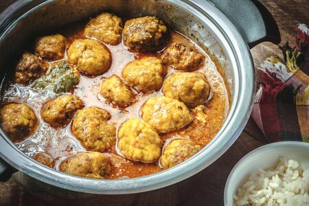 Homemade Meatballs and white rice on rustic backgroundの写真素材