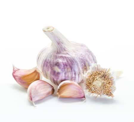 Fresh and colorful garlic isolated on white backgroundの写真素材