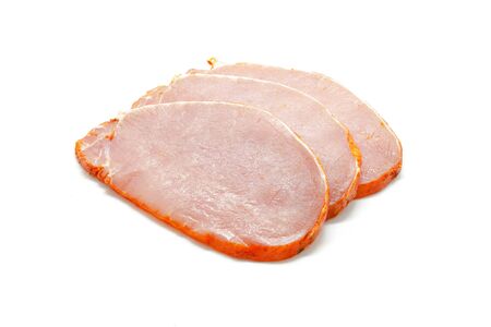 Marinated and seasoned pork slices isolated in white backgroundの写真素材