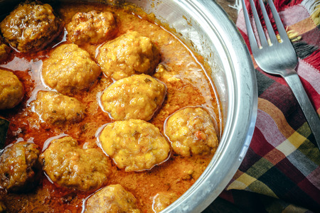 Homemade Meat balls in tomato sauce on wooden backgroundの写真素材