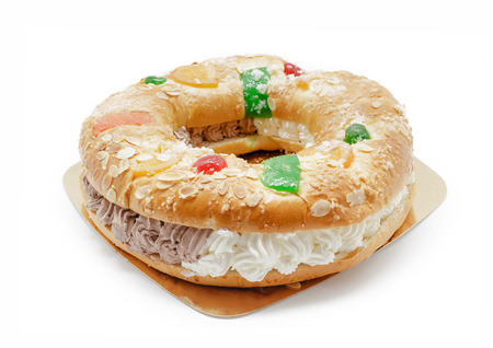 Kings ring cake isolated on white . Traditional Spanish pastry "Roscon de reyes"の写真素材