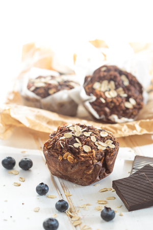 Oat muffin with blueberries for breakfastの写真素材