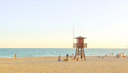 ROTA, SPAIN - SEPTEMBER 09, 2016:  Rota Beach. People enjoying at the beach. Rota, Cadizのeditorial素材