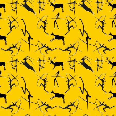 Cave Painting Seamless Pattern. Hunting scene background.の写真素材