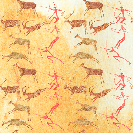 Cave Painting Seamless Pattern. Hunting scene background.の写真素材