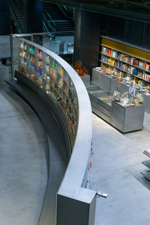 Seville, Spain - April 02, 2017: Shop bookstore at the new cultural center of the Isla de la Cartuja. Seville, Spain. This center occupies part of the low of the well-known like Torre Pelli, in honor of its Argentine architect, and has been enabled by theのeditorial素材