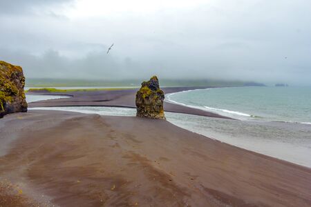 Landscape of Dyrholaey cape, volcanic sand beach, South Icelandの写真素材