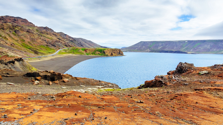 Geothermal lake in Iceland, Kleifarvatn Lake, Reykjanes Peninsula.の写真素材