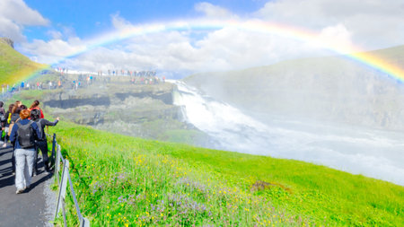 Amazing Gullfoss waterfall with rainbow. Golden Circle route. Icelandのeditorial素材