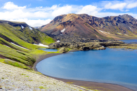 The Ljotipollur crater lake is situated in the Fjallabak Nature Reserve area northeast of Landmannalaugar. The Ljotipollur is a explosion crater lake in the south highlands, situated in the southernmost crater in the Veidivotn fissure system.の写真素材