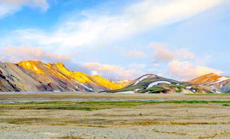 Scenic Sunrise over icelandic mountain landscape. Landmannalaugar. Fjallabak Nature Reserve.の写真素材