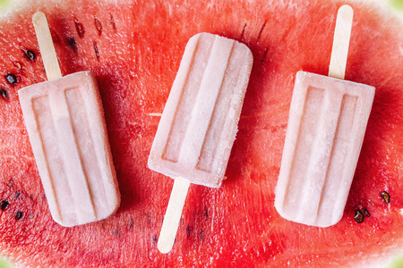 Watermelon popsicles on fresh and natural background. Refreshing summer dessert.の写真素材