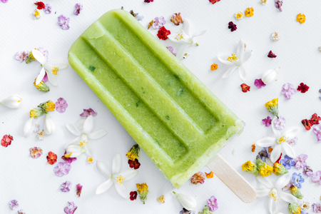 Mojito popsicle on flowers background. Refreshing and Healthy summer dessert.の写真素材