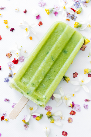 Refreshing and Healthy summer dessert. Homemade mojito popsicle on flowers background.の写真素材