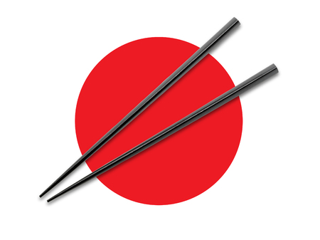 Black Wooden chopsticks on Japanese Flag. Asian Food concept.の写真素材