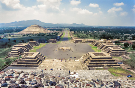 View of the ruins of Teotihuacan.The Avenue of the Dead and the pyramid of the sun seen from the pyramid of the moon