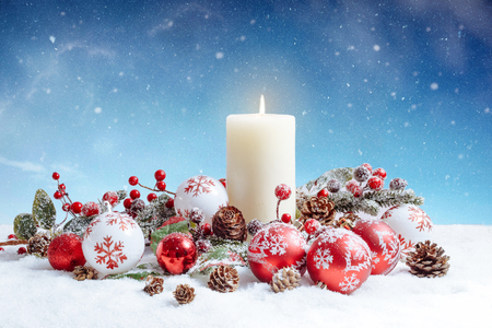 Merry Christmas and Happy! Christmas decoration in snow winter setting.の写真素材