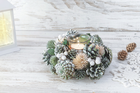 Christmas decorations on rustic white wooden background.の写真素材