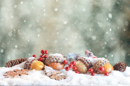 Christmas decoration in snowy winter bokeh background. Pine cones, acorns and Oak leaves.の写真素材
