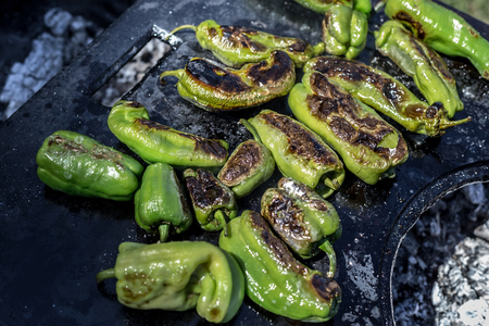 Green peppers grilling on the barbecue. Barbecue time in the nature.の写真素材