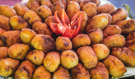 Homemade traditional fried Spanish croquettes or croquetas. Tapas.