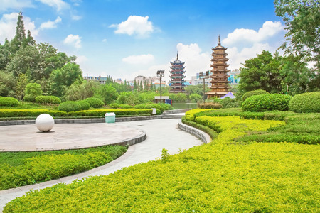Sun and Moon Towers. Riyue Shuangta Cultural Park, Guilin. Chinaの写真素材