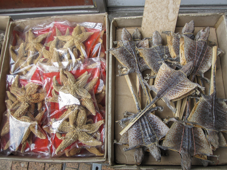 Dried food for sell in street market. Hong Kong, local food. Dried food is a common ingredient in Chinese cooking and traditional tonics.の写真素材