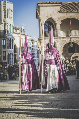 Zamora, Spain - March 25, 2018: Procession during the Holy Week in Zamora, Spain.  Holy Week in Zamora, Spain (easter week) is the annual commemoration of the Passion of Jesus Christ.のeditorial素材