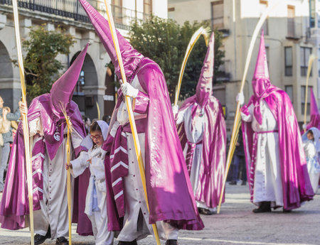 Zamora, Spain - March 25, 2018: Penitents and children of the brotherhood of "La Borriquita" (The Little Donkey) bearing palms on Palm Sunday In their procession by Zamora. Holy Week in Zamora, Spain.のeditorial素材